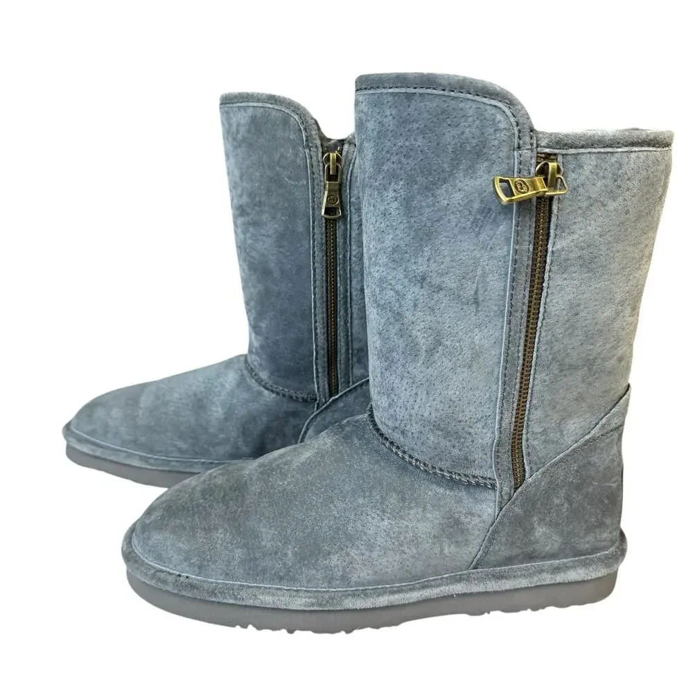 Lamo Zipper Grey Suede Water & Stain Resistant Boots Sz 8 Faux Fur Mid Calf
